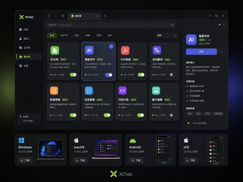 XChat 插件生态与功能展示界面